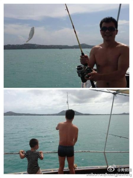 黃健翔攜子釣魚赤膊上陣